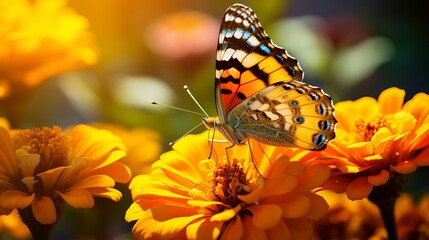The beauty of the multi colored butterfly on the yellow flower can be seen in this close up shot