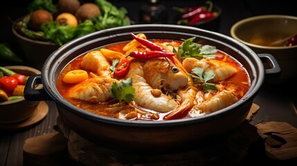 A combination of sour curry and snakehead fish is served with spicy thai food in a garden hot pot.