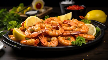 A plate containing shrimp and lemon slices.