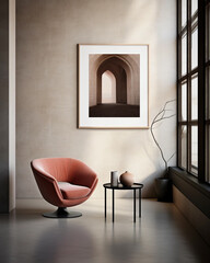 Modern minimalist interior. Minimalist curved armchair and coffee table against a wall with a mockup poster.