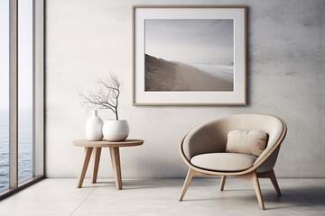 Modern minimalist interior. Minimalist curved armchair and small table against a wall with a mockup poster. Sea view outside. Natural decor elements