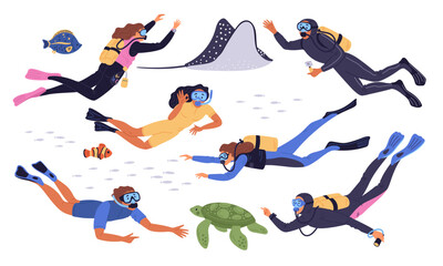 Diving people. Scuba divers with gear and balloons. Underwater swimming. Cartoon frogman. Marine animals. Ocean stingray and turtle. Man or woman with snorkeling masks. Garish vector set