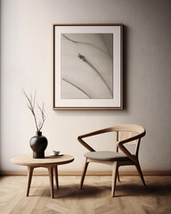Modern minimalist interior. Minimalist curved armchair and small table against a wall with a mockup poster. Decorative branch in a vase