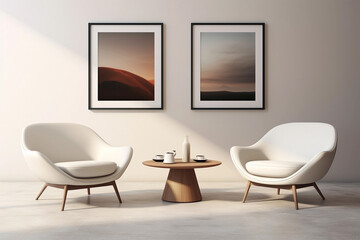 Light modern minimalist interior. Two white curved minimalist armchairs and a coffee table against a wall with two mockup posters