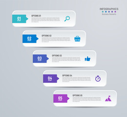 Infographics design template, business concept with 5 steps, table or options, can be used for workflow layout, diagram, annual report, web design, presentation. Creative banner, label vector.