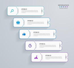 Infographics design template, business concept with 5 steps, table or options, can be used for workflow layout, diagram, annual report, web design, presentation. Creative banner, label vector.
