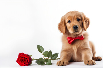 Funny dog congratulates on Valentine's Day on a white background with a rose.