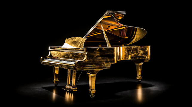 Golden grand piano on a black background. Instrument made entirely out of pure gold