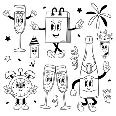 set of isolated outline groovy New Year party elements