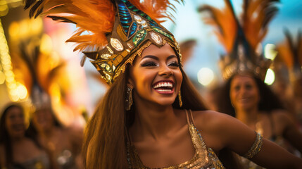 beautiful young Brazilian girl at a carnival in Brazil, fancy dress, outfit, masquerade, feathers, rhinestones, woman, makeup, portrait, smiling face, joy, happiness, dancing, sparkles, sequins - obrazy, fototapety, plakaty