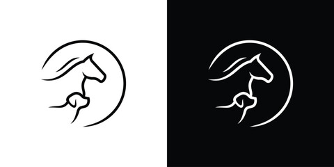 Horse Dog Logo Design. Circular Pet Care Combine with Minimalist Style Logo. Icon Symbol Vector Illustration Template.