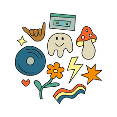 Groovy retro icons in circle.