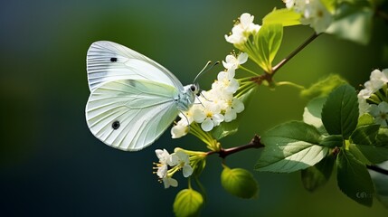 A shot with selective focus of a cabbage white or pieris rapae butterfly hovering over a flower in the outdoors