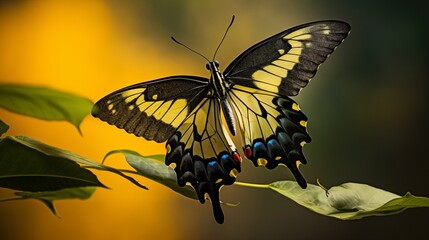 A side view depicts a yellow swallowtail butterfly with translucent wings perched on a dry leaf.