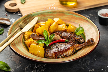 Roasted duck leg with potatoes. Restaurant menu, dieting, cookbook recipe top view