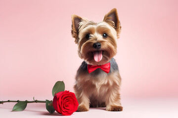 Funny dog congratulates on Valentine's Day on a pink background with a rose.