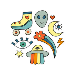 Groovy retro icons in circle.