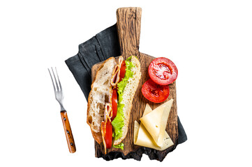 Smoked turkey sandwich with ham, cheese, tomato and Lettuce. Transparent background. Isolated.