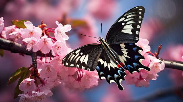 A swallowtail butterfly perched on a pink cherry tree, pink sakura tree, and gardens with butterflies.