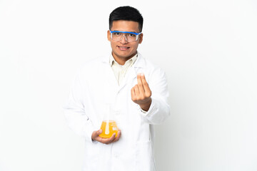 Young Ecuadorian scientific man making money gesture