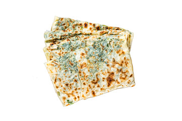 Gozleme Turkish flatbread with greens and cheese. Transparent background. Isolated.