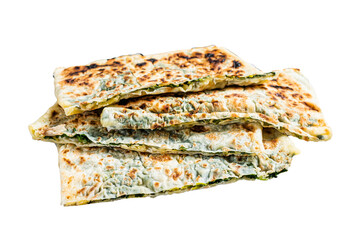 Gozleme Turkish stuffed pastrie, flatbread with greens and cheese. Transparent background. Isolated.