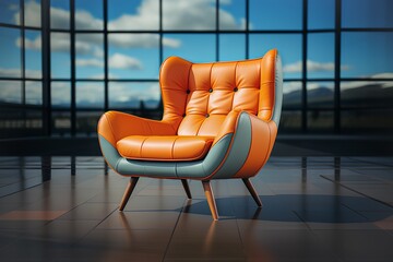 Orange leather armchair in urban office interior landscape forest view
