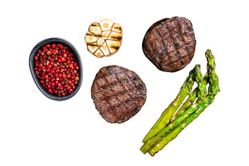 Fillet Mignon grilled Steak with asparagus,  beef tenderloin meat. Transparent background. Isolated.