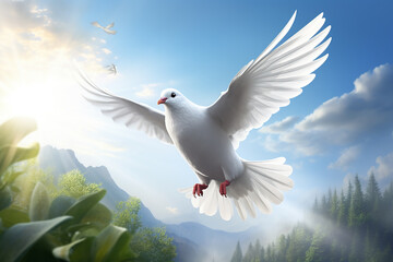 Dove in the air with wings wide open in-front of the sun