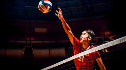 Asian volleyball player spiking over the net - obrazy, fototapety, plakaty