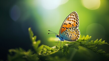 A butterfly is seen on a plant in a vertical shot