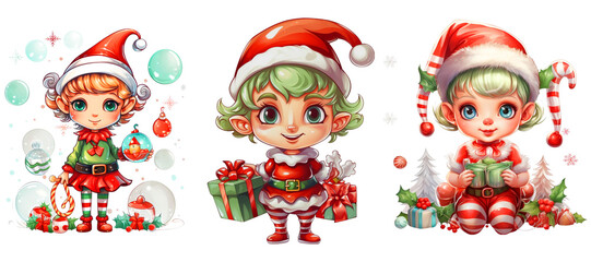 Zestaw uroczych elfów ze świątecznymi dodatkami i złośliwymwyrazem twarzy na przezroczystym tle PNG. - obrazy, fototapety, plakaty