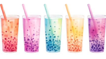 Rainbow color bubble tea in watercolor style isolated on white background