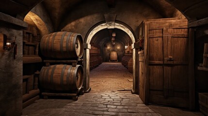 Fototapeta na wymiar old wine cellar with dusty bottles, wooden barrels, and a locked door.