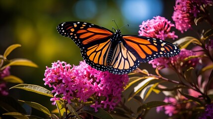 A monarch butterfly is seen in a vertical shot eating pink santan flowers