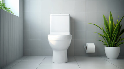 Fototapeta na wymiar A modern bathroom with a white toilet and a gray wall with green plants