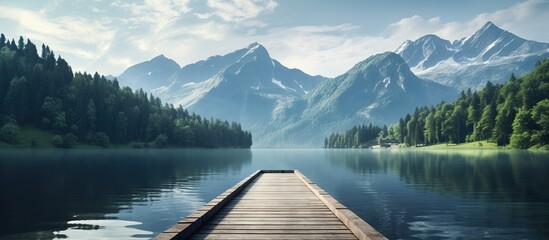 tranquil mountain lake with a wooden dock, surrounded by the beauty of nature. - obrazy, fototapety, plakaty
