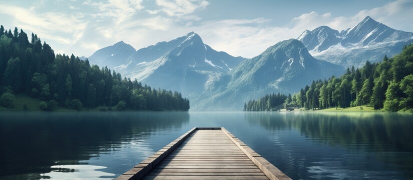 Fototapeta tranquil mountain lake with a wooden dock, surrounded by the beauty of nature.
