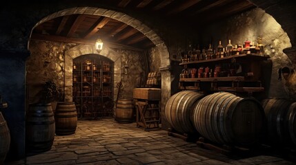 old wine cellar with dusty bottles, wooden barrels, and a locked door.