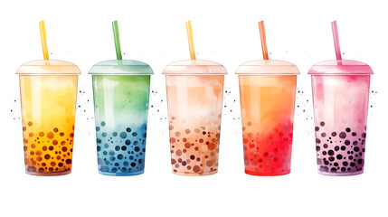 Rainbow color bubble tea in watercolor style isolated on white background