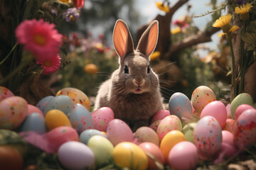 Fototapeta na wymiar real living easter bunny and easter eggs in the nest with spring trees