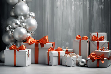 A set of gifts in New Year's packaging, festive mood. White gift wrapping with a satin ribbon bow....