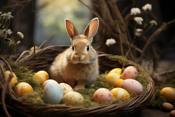 Fototapeta na wymiar real living easter bunny and easter eggs in the nest with spring trees