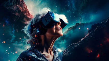 Amazed elderly senior woman using virtual reality metaverse VR glasses headset. Technology simulation. Hi-tech virtual adventure travel through time and space. A mature female admires the view of the