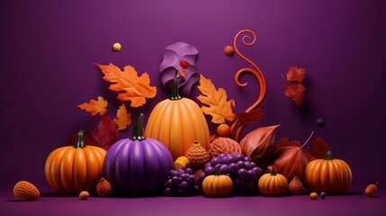 vibrant 3d pumpkins and autumn fruits arrangement on purple background