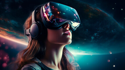 Astonished young woman using virtual reality meta verse VR glasses headset. Technology simulation. Hi-tech virtual adventure travel through time and space. A female admires the view of the universe of