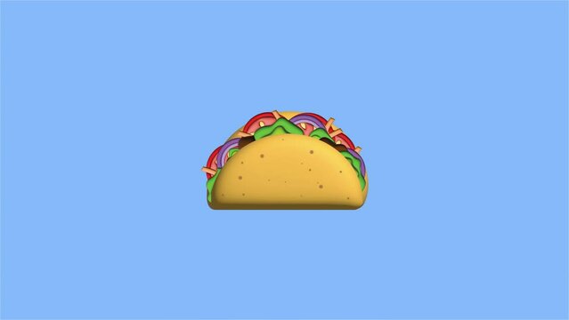 Mexican taco with onion, tomato, cheese and lettuce on blue background animation
