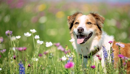 happy dog sitting in flower field, 16:9 wallpaper / backdrop / background