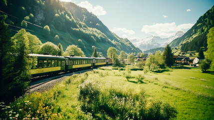 Picturesque spring scenery of train going through green mountain valley in the sunny morning - obrazy, fototapety, plakaty