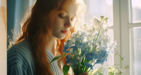 Naklejka premium Young woman with flowers near window in soft light. Romantic portrait.